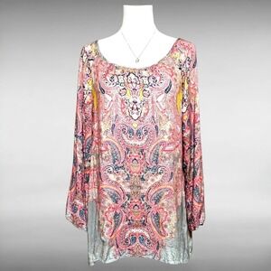 Ivy Jane Hippie Boho Peasant Paisley Long Bell Sleeve Tunic Rayon Blouse Women L